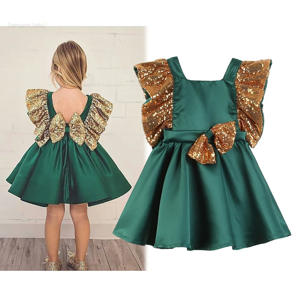 Kids Baby Girls Summer Sequins Sweet Bow Princess Dress Western Party Fashion Ruffles Backless Green Color | Детская одежда и