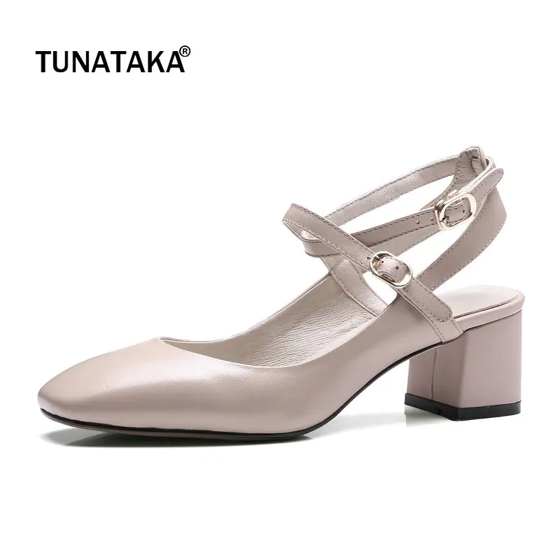 

Genuine Leather Comfort Square Heel Ankle Strap Woman Pumps Fashion Buckle High Heel Shoes Square Toe Shoes Woman Black Beige