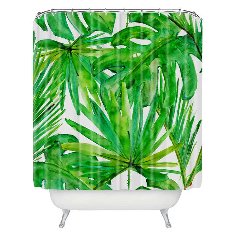 Customized Green Leaves Polyester Fabric Bathroom Shower Curtain 180CM