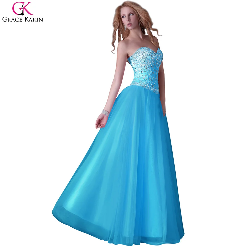 Blue Prom Dresses 2017 Grace Karin Tulle Corset Sparkly Sequin Bead