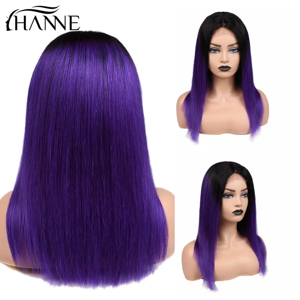 HANNE 4*4 парик из натуральных волос с естественным Hairline косплей парик Омбре розовый/99J/серый прямые человеческие волосы парики Bralizian - Цвет волос: 1B Purple