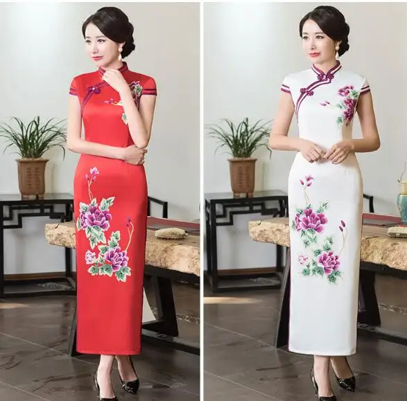 

Hot red white Traditional Chinese Women's Satin Long Halter Cheongsam Qipao Elegant Dress Flower S M L XL XXL XXXL