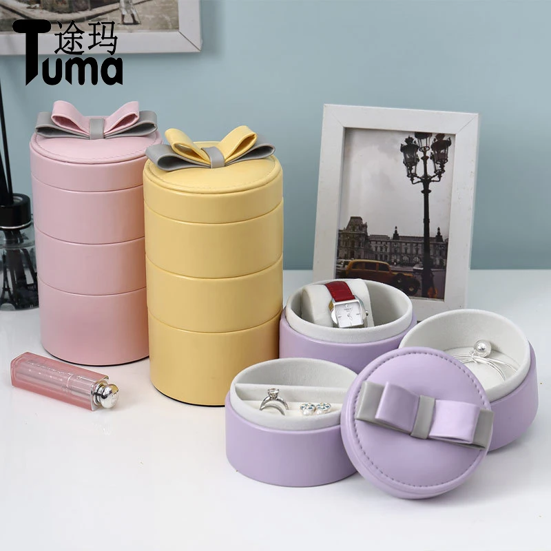 New sheepskin pattern three layers portable jewelry box lovely multi-storey jewelry storage box pu velvet jewelry box wholesale Jewelry Packaging