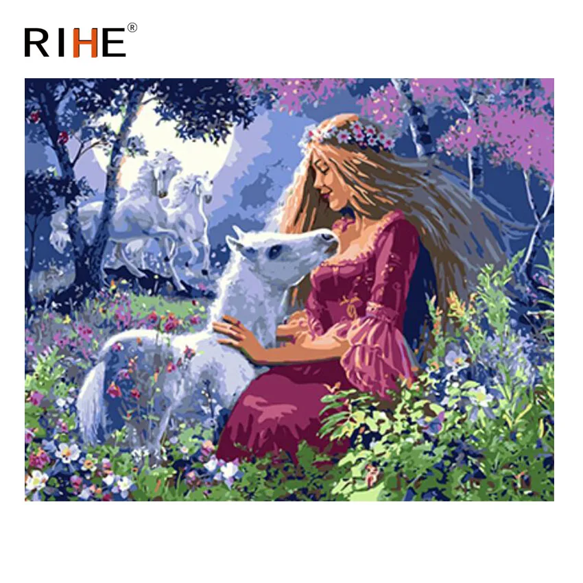

RIHE Girl And Horse Diy Painting By Number Grassland Animal Oil Painting On Canvas Hand Painted Cuadros Decoracion Acrylic Paint
