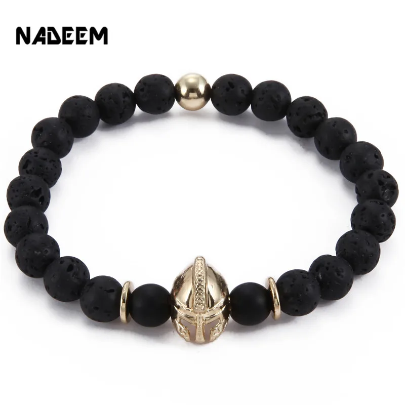 

NADEEM Gold Color Black Matte Lava Stone Bead Roman Knight Spartan Warrior Gladiator Helmet Charm Bracelet For Men Women Jewelry