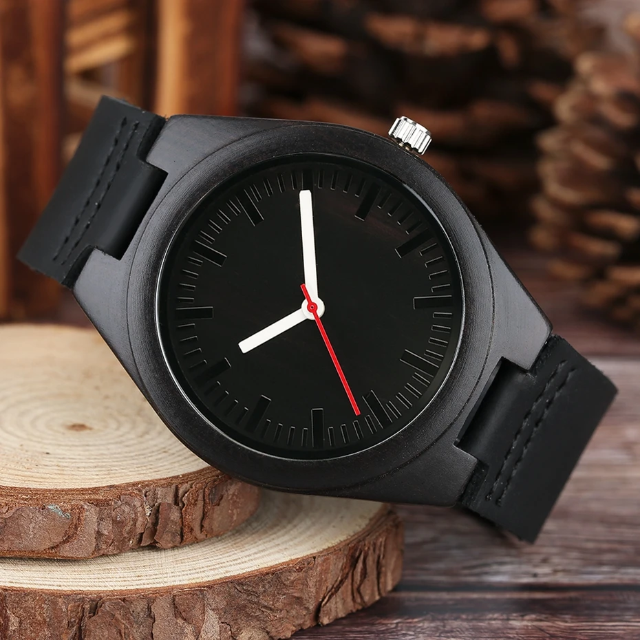 Mens Watches Wood Bamboo Minimalist Style Clock Soft Black Genuine Leather Men's Sport Casual Dress Quartz Watch Reloj de madera 2017 2018 Gifts for Men (2)