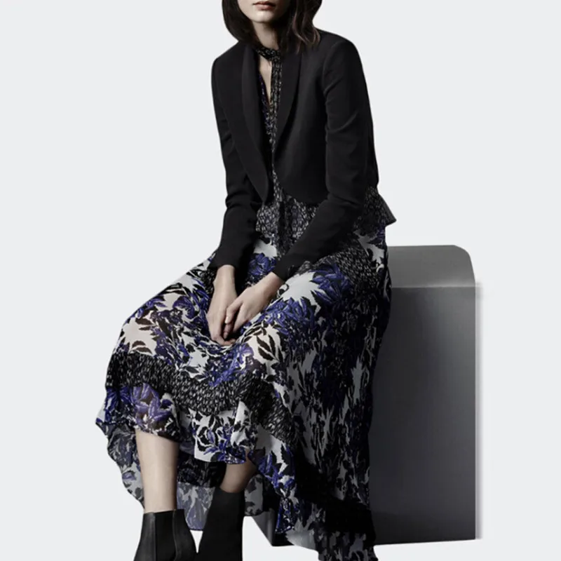 

Fashion Dress Suit Women Casual Office Lady Streetwear Chiffon Dress With Slim Black Jacket Blazer Set Plus Size Spring Autumn