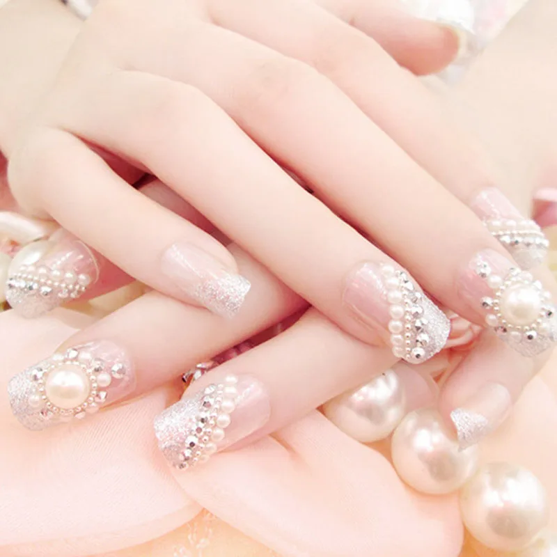 

Hot Sell 24PCS/Sets Wedding Bride Fake Nails Crystal Pearl Rhinestone Nail Patch Full Nail Tips Fingernail Women Nail Art