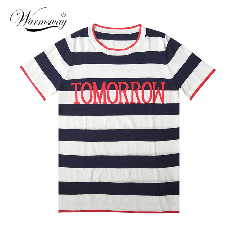 High quality Summer Tomorrow Blue and white striped  Female T Shirt Harajuku T-Shirts Women Intarsia Punk Tee Tops  B-121
