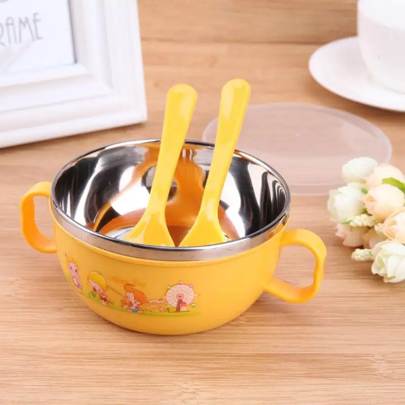 300ml Baby Feeding Training Bowl With Spoon Set Baby Tableware Bowl Stainless Steel Cartoon Binaural Baby Feeder Kids Plate Suck 300ml Baby Feeding Training Bowl With Spoon Set Baby Tableware Bowl Stainless Steel Cartoon Binaural Baby Feeder Kids Plate Suck