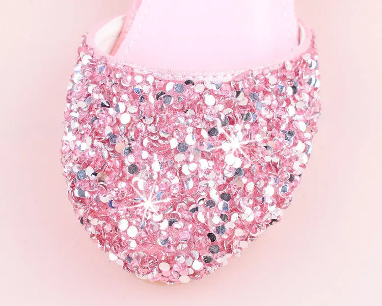 Girls sandals high heels spring and summer rhinestones bow princess Performance /wedding crystal single shoes shiny silver