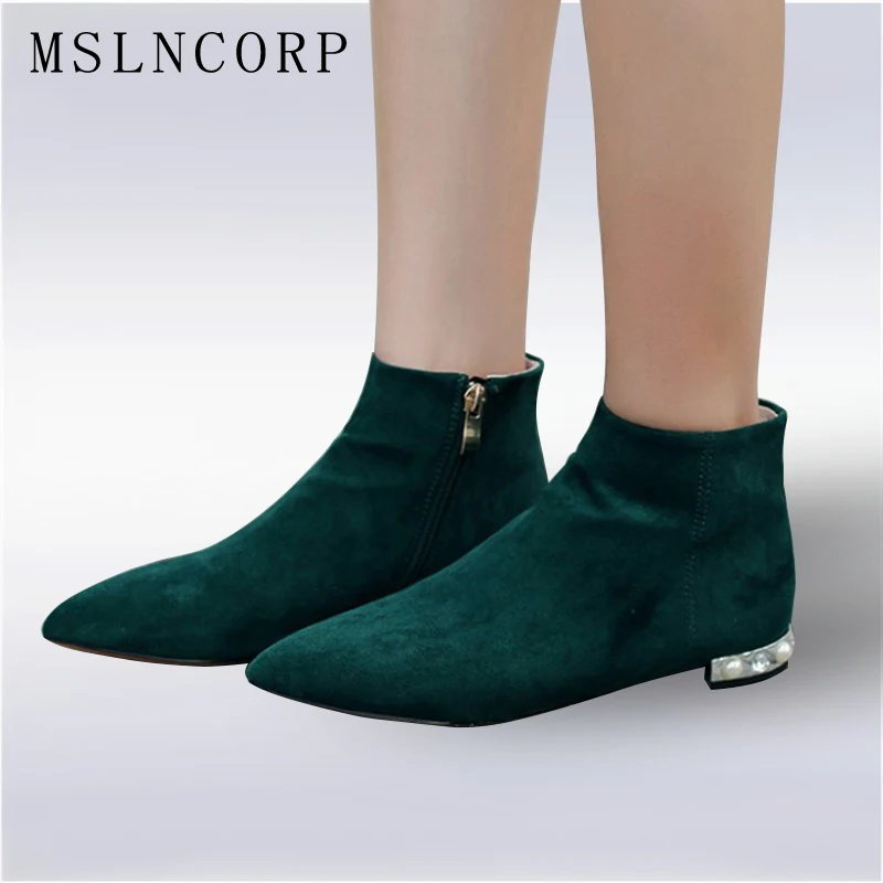 

Plus Size 34-43 Women Flock Pointed Toe Flats Spring Autumn Ankle Boots Casual Comfortable Pearls Low Heels Short Booties Shoes