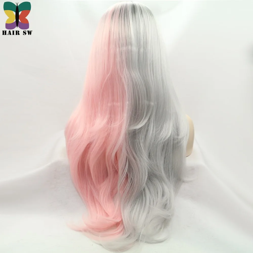 Hair Sw Long Half Grey Half Pink Ombre Wavy Synthetic Lace Front