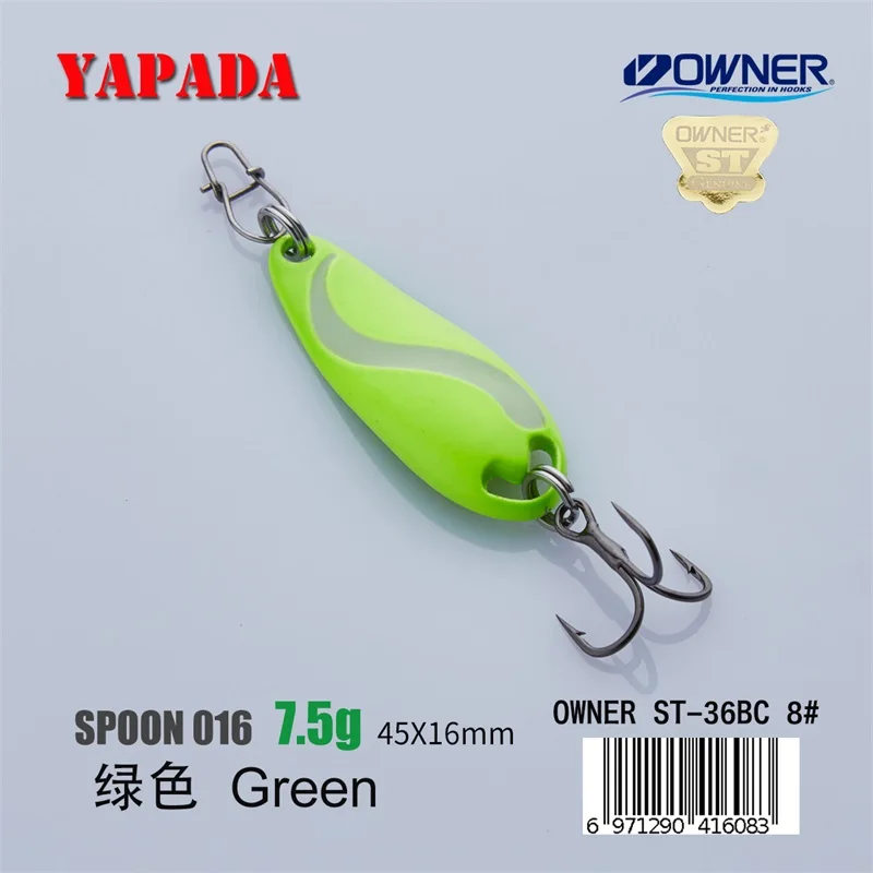 YAPADA ложка 016 TaiChi светящаяся 5 г/7,5 г 37-45 мм держатель тройной крючок Многоцветный Металлический цинковый сплав ложка рыболовные приманки - Цвет: Green 7.5g