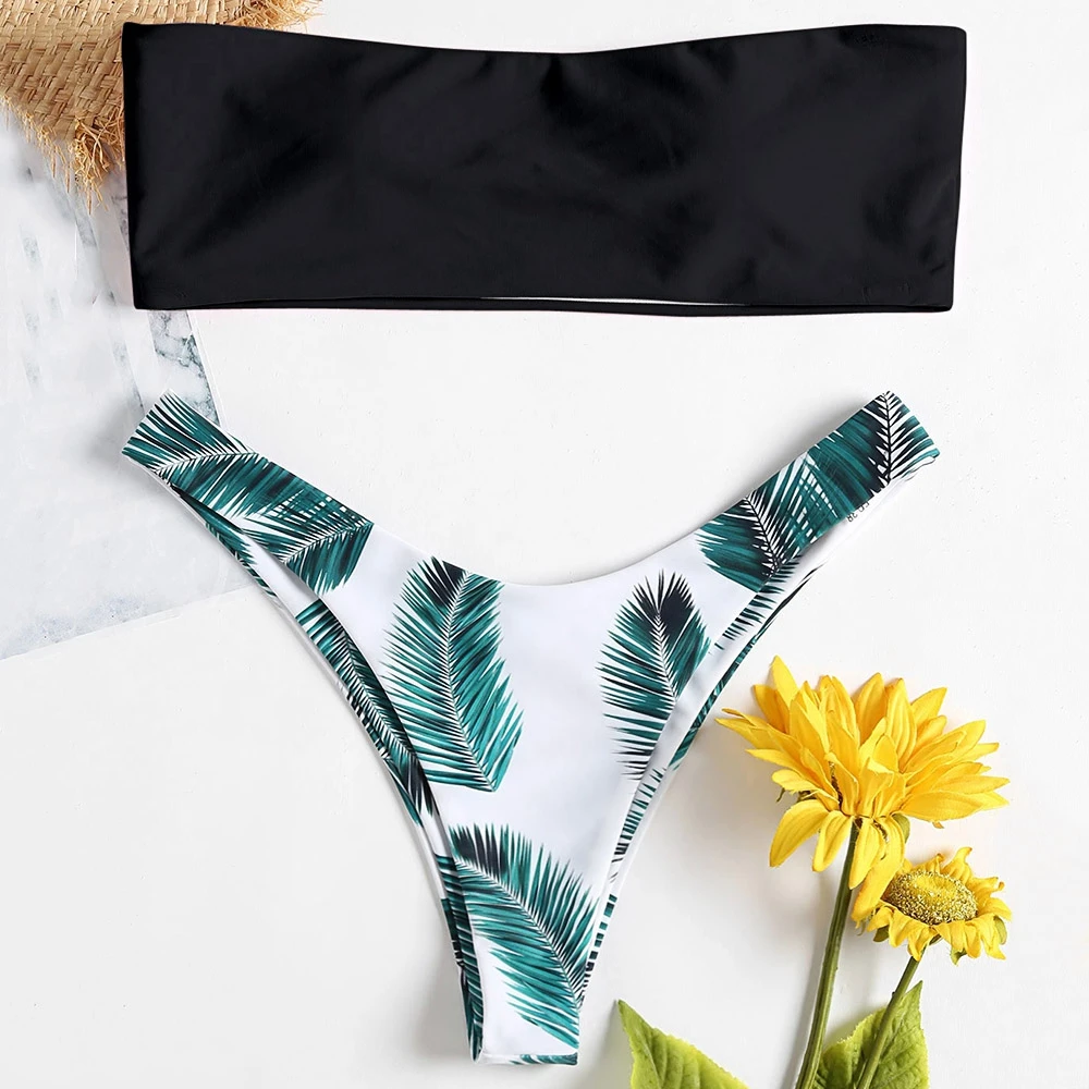 

Sexy Bikini Women Leaf Print Swimwear Push Up Swimsuit Thong Biquini Bandeau Bikinis Bathing Suit Maillot De Bian