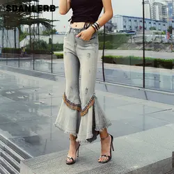 Европейский стиль свободные джинсы женские новые Изношенные сделать старый стрейч джинсовые брюки женские кисточки тело Рог брюки джинсы