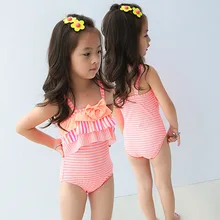 Розничная, милые розовые купальные костюмы в полоску для девочек Новинка года, детский купальный костюм с оборками для девочек, цельная юбка купальный костюм