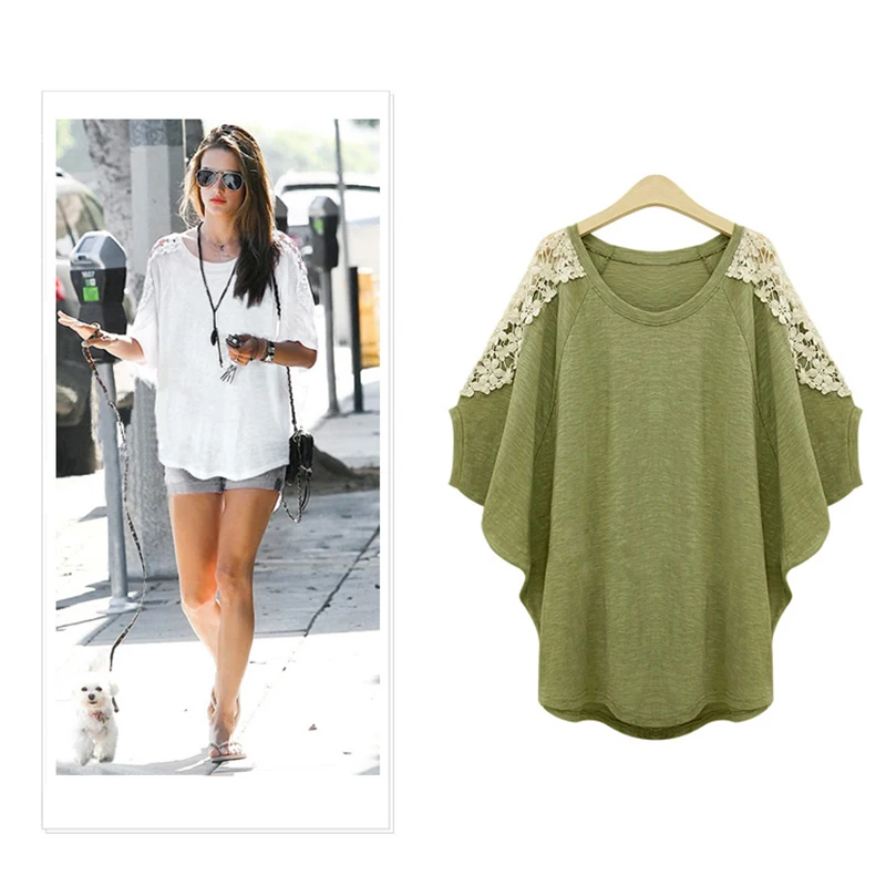 Summer Loose Bat Short-sleeved t-shirt femme Lace Patchwork T-shirt Plus Size 5xl 6xl Hollow Out tshirt Tops Women Army Green