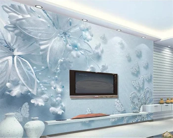 

beibehang Custom wallpaper 3D mural pure beautiful blue transparent flower butterfly 3d TV background wall Papel de parede
