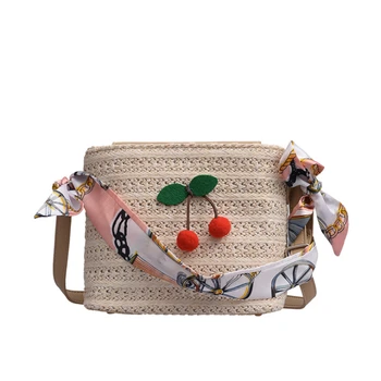 

Bags For Women 2019 Women Vintage Rattan Wicker Straw Woven Crossbody Beach Bag Basket Handbag Cherry Decoration Fashion