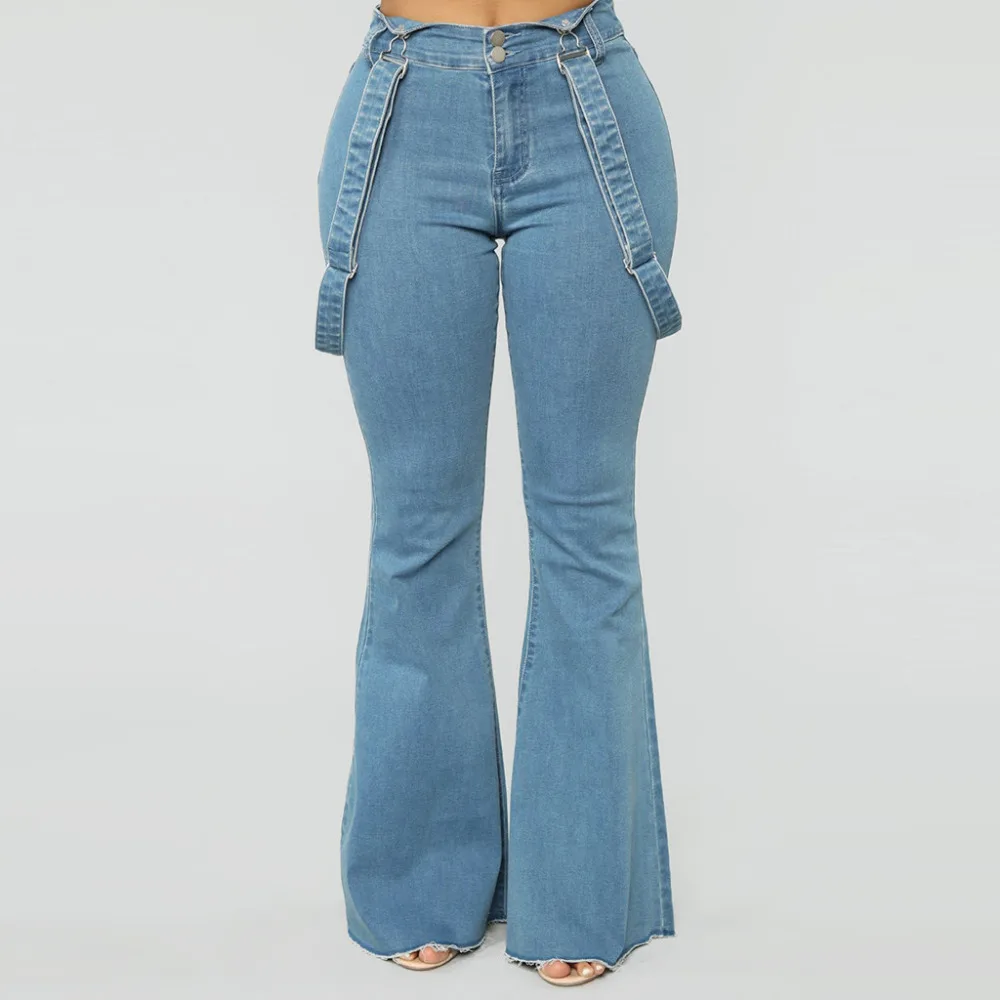

Women Pants 2019 Women Denim Bib Shoe Hole Women High Waist Zipper Button Jeans Pants Belt Bell Pants New Style Fashion H4
