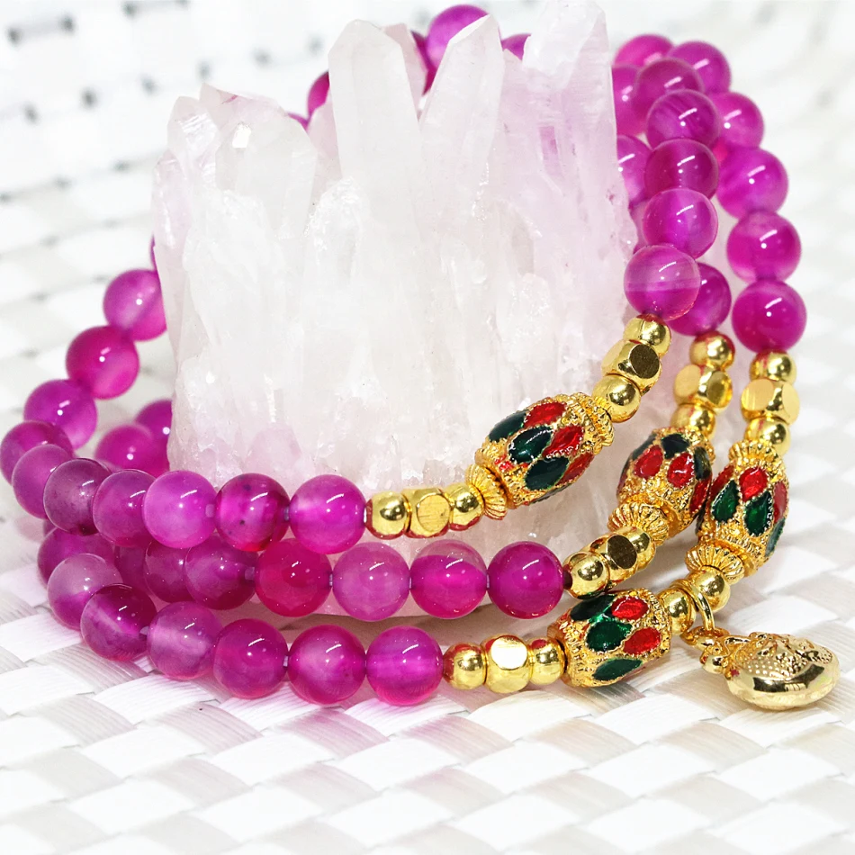 Multilayer Strand Bracelets 6mm Natural Stone Rose Red Carnelian Agat Onyx Round Beads Bohemian