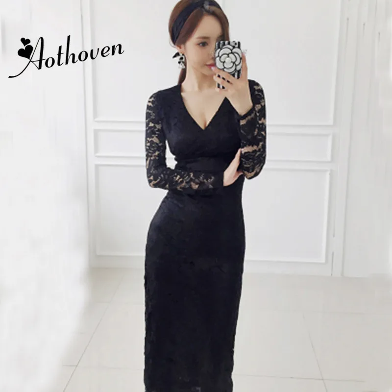 

Spring Dresses V Neck Long Sleeves Maxi Women Dress Elegant Office Lady Bandage Sexy Party Bodycon Sheath Lace Dress Vestidos