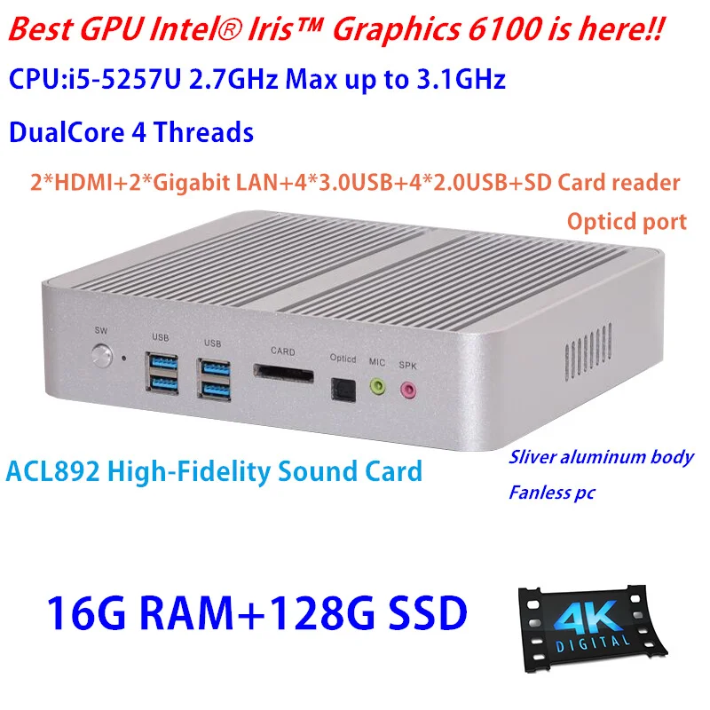 Lowest Price Iris Pro Graphics 6100 Broadwell Intel NUC Core i5 5257u Fanless Mini PC HTPC 16G RAM 128GB SSD Hi-Fi USB WiFi Lowest Price Iris Pro Graphics 6100 Broadwell Intel NUC Core i5 5257u Fanless Mini PC HTPC 16G RAM 128GB SSD Hi-Fi USB WiFi