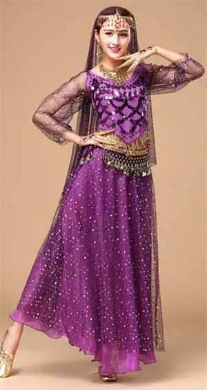 DJGRSTER костюм для танца живота костюм Болливуда индийское платье для танца живота женский костюм для танца живота набор племенной - Цвет: Purple 2 pcs