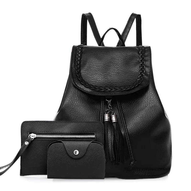 3pcsSet Women Black Backpack Tassel Faux Leather School Backpack Set Day Clutch Shoulder Bag Purse Casual Bags
