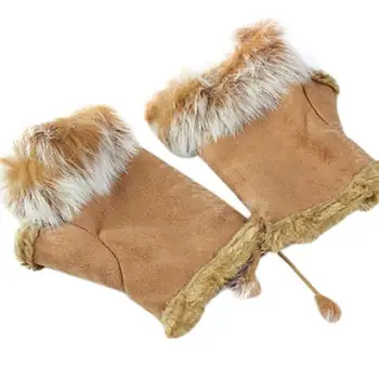 

Women's Fashion Winter Warm Imitation Rabbit Hair Faux Leather Fingerless Gloves