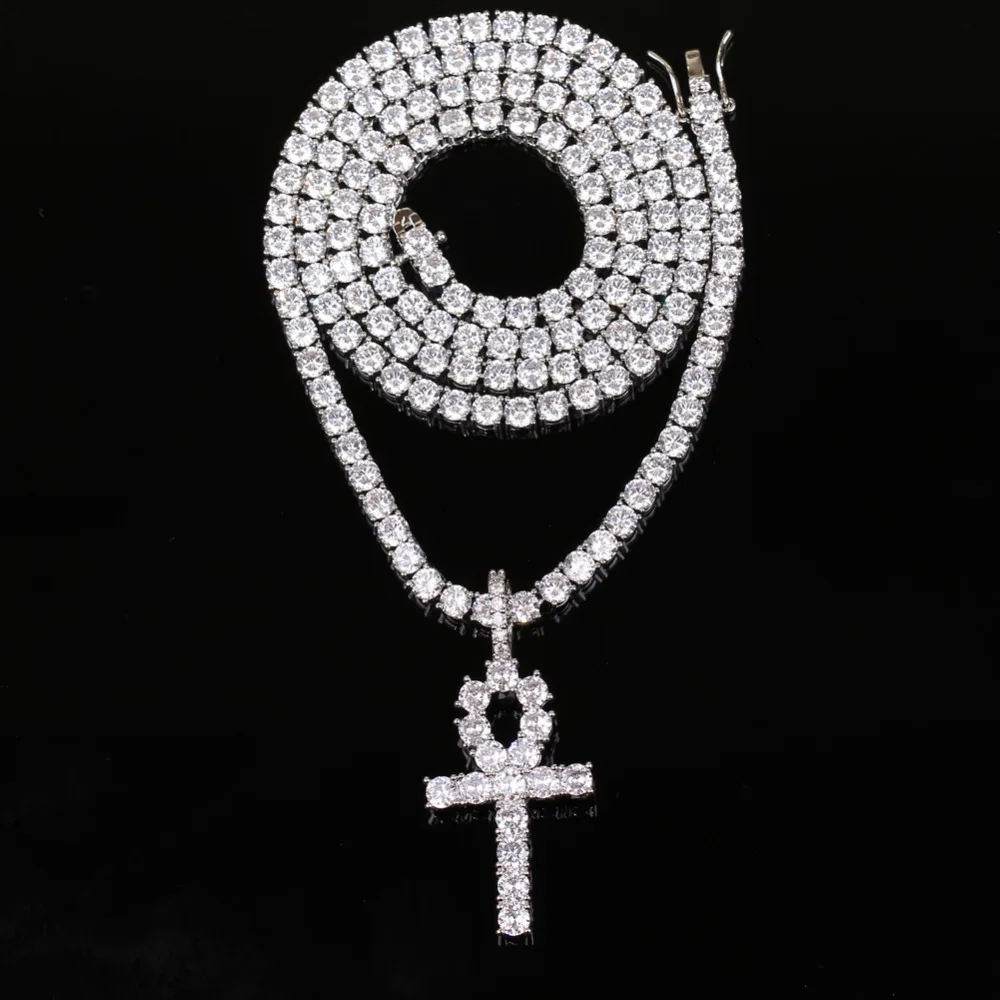 

Brass Cubic Zirconia Cross Anka Pendants With CZ Tennis Chian For Men And Women Bling Bling Jewelry CN01920