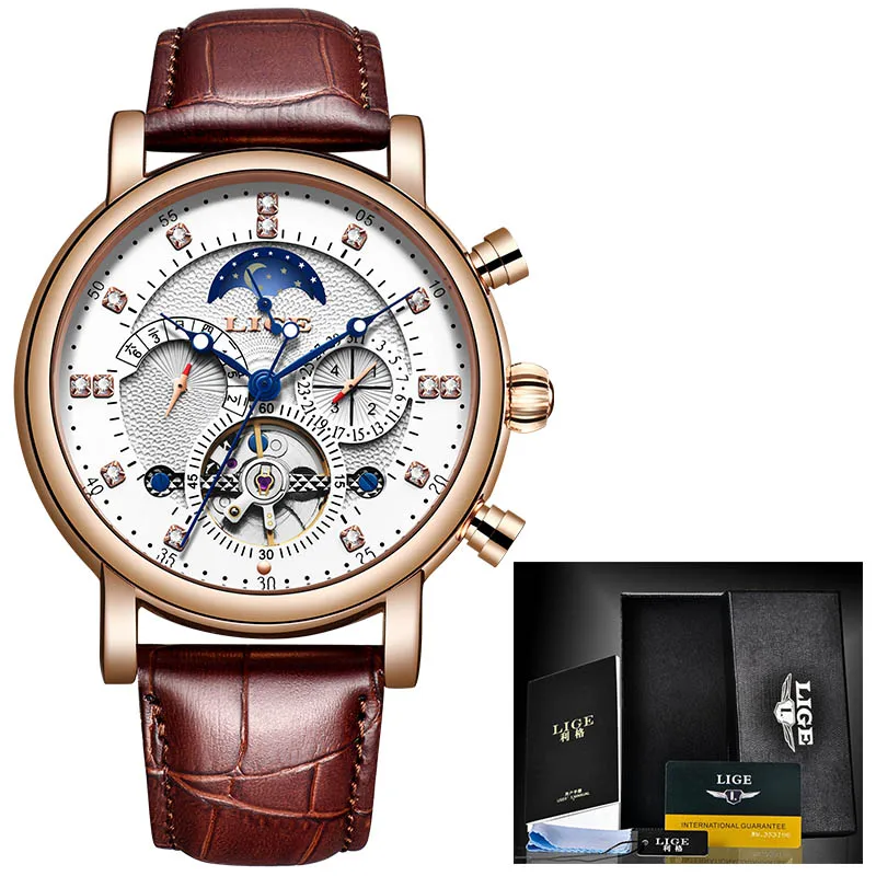 LIGE Часы механические Tourbillon Роскошные модные брендовые мужские спортивные часы с сетчатым ремешком Moon Phase автоматические часы Relogio Masculino - Цвет: brown white