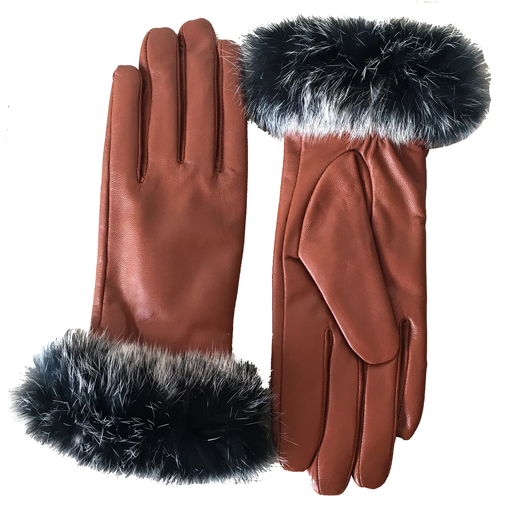 

Winter Genuine Leather Gloves Women 2019 Fall New Fashion Brand Ladies Rabbit Fur Brown color Warm Glove Goatskin Mittens NM63