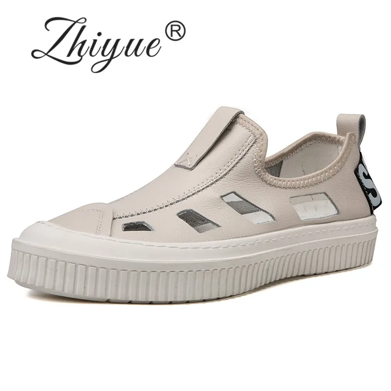 

ZHI YUE New Fashion Summer Men Casual Leather Sneakers Hollow Out Slip On Style Mens Loafers Flats Shoes Black Beige