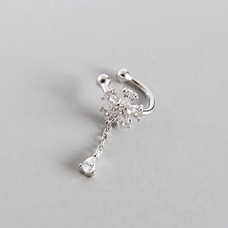 

925 sterling silver flower clip on earrings for women pendientes mujer, cubic zirconia ear cuff earing aretes brincos jewelry