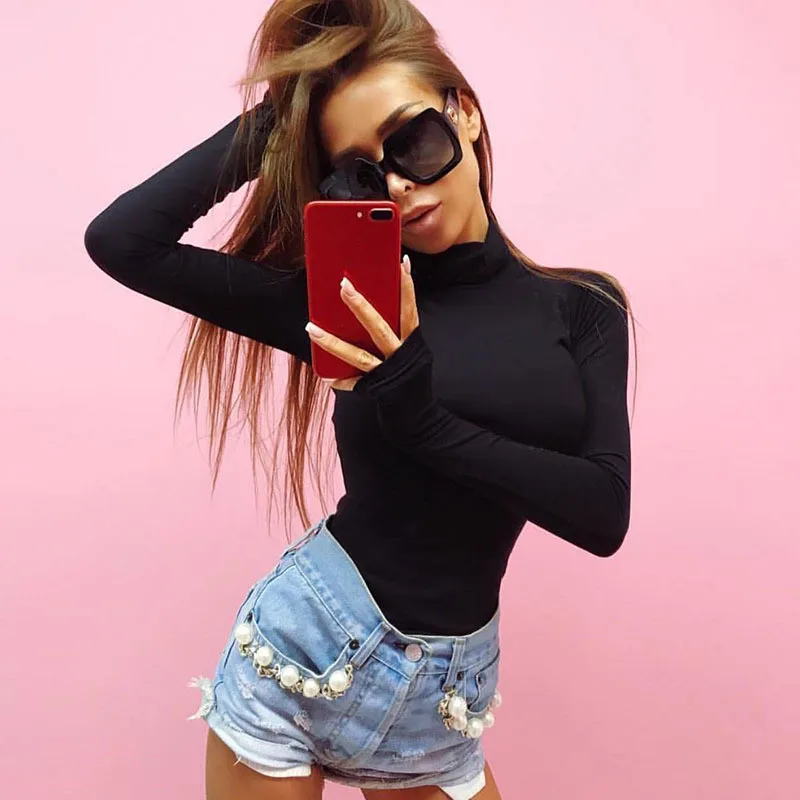 

2018 Autumn Winter Women Cotton Skinny Bodysuit High Neck Sexy Body Suit Long Sleeve Solid Rompers