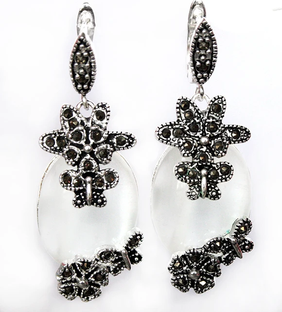 

FREE SHIPPING>>> Shining Natural White Opal Marcasite Flower 925 Silver Earrings 11/2