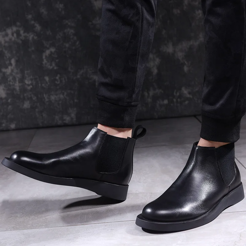 Для Мужчин's chelsesa ботинки размера плюс; большие размеры 38-44 осенние качественные Разделение кожаные, по щиколотку ботинки, без шнуровки, мужская повседневная обувь мужские туфли chaussure homme - Цвет: black