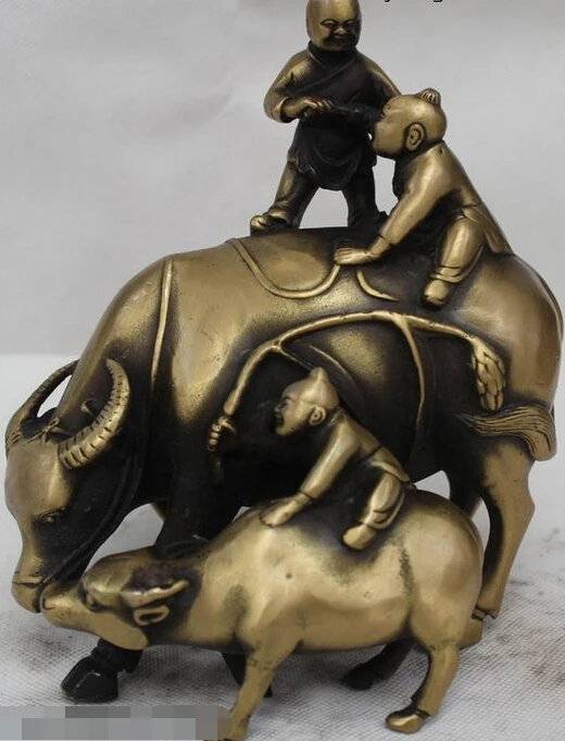 

R0717 Details about 8"China Chinese Folk Bronze Lucky Lifelike Three cowboy Two Ox cow Cattle Statue B0403