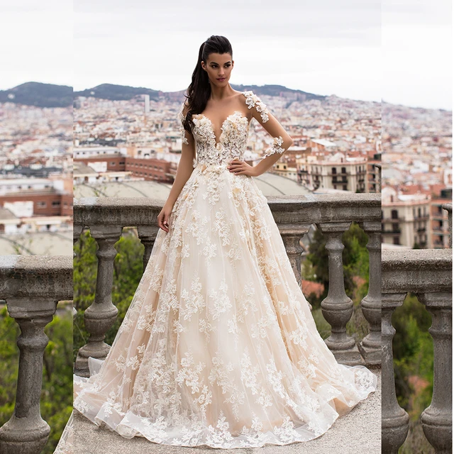 Long Sleeve Illusion Skin Color Tulle Lace Liques Wedding Dresses Long Sleeve Illusion Skin Color Tulle Lace Liques Wedding Dresses With Handmade Flower Ball Gown Luxury