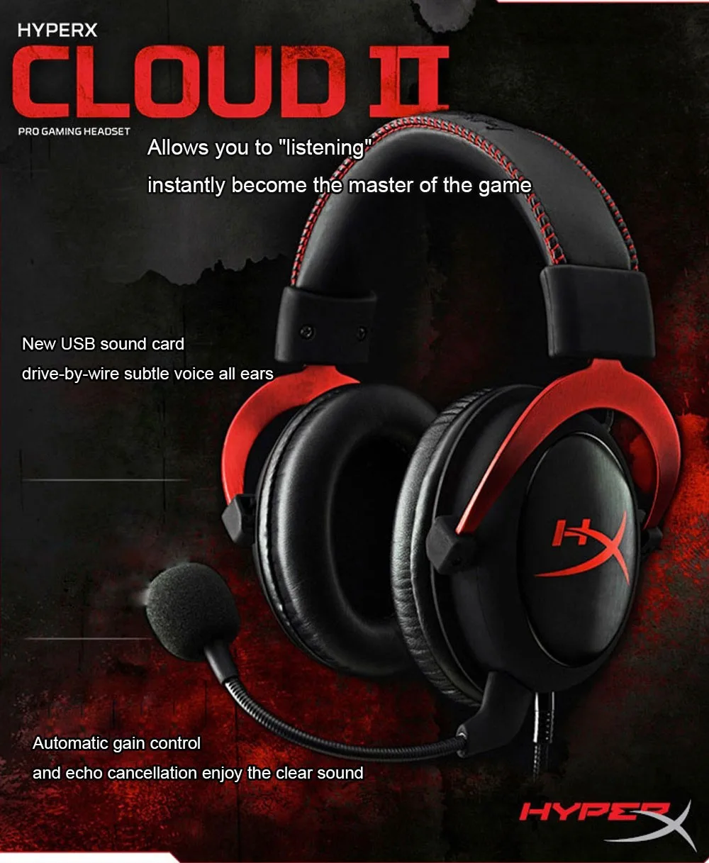 Наушники kingston HyperX Cloud II Hi-Fi 7,1 с объемным звуком, игровые наушники с микрофоном для компьютера, мобильного телефона