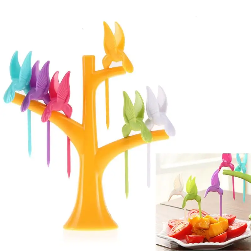 Новая посуда Creative дерево с птицами Дизайн Пластик фрукты вилы 1 Подставка + 6 вилок овощей вилка Кухня аксессуары