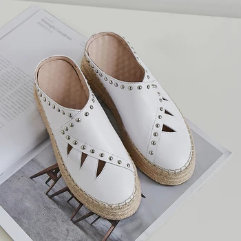 

Women's genuine leather platform flats slides hemp sole hollow-out rivet punk summer sandalias leisure mules moccasins shoes hot