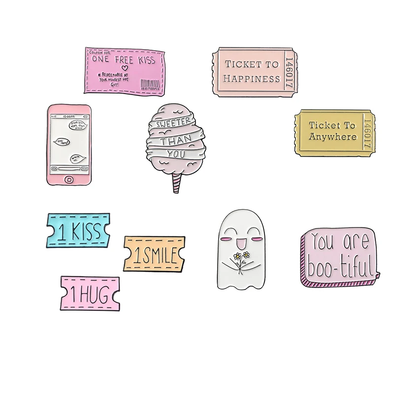 

Ticket To Happiness Metal Enamel Brooch KISS HUG SMILE Volume Mobile Phone Marshmallow Ghost Badge Pin Fun Trendy Jewelry Gift