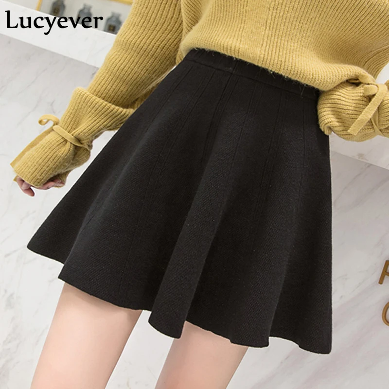 

Lucyever Elegant Women Knitted Mini Skirt Autumn Winter Vintage Elastic High Waist Warm Female Skirt Casual Korean Ball Gown