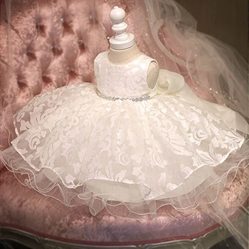 

Princess Sweet Fluffy Diamond Flower Wedding Dress Baby Girl Bow Pattern For Toddler Birthday Party Baptism Formal Dress Clothes