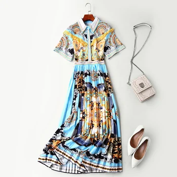 

New European American high end high end fine palace wind printing design sense short sleeve Pleated Dress