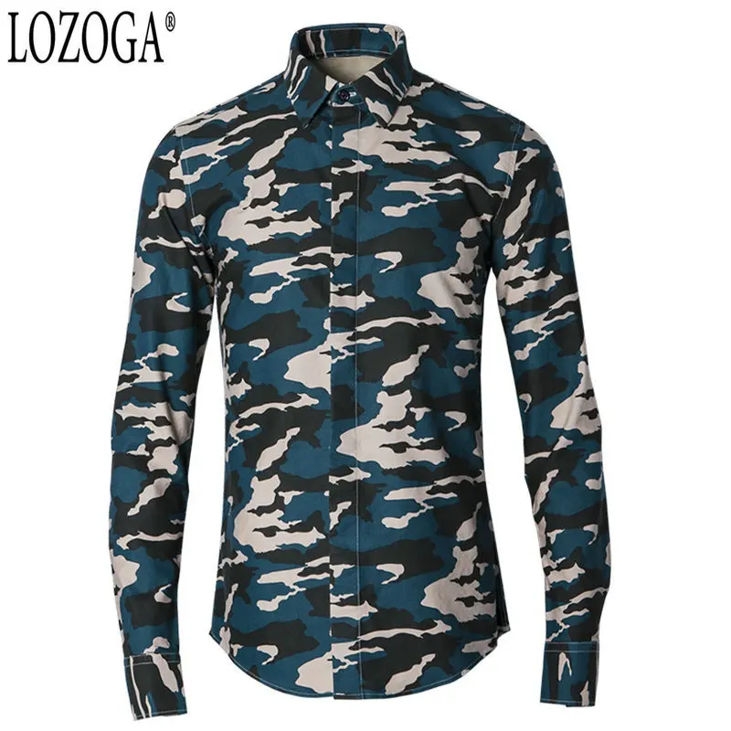 

LOZOGA Men Shirts Military Style Design Long Sleeve Camouflage Prints Slim Shirt 2019 New Brand Luxury Casual Shirts Size 38-48