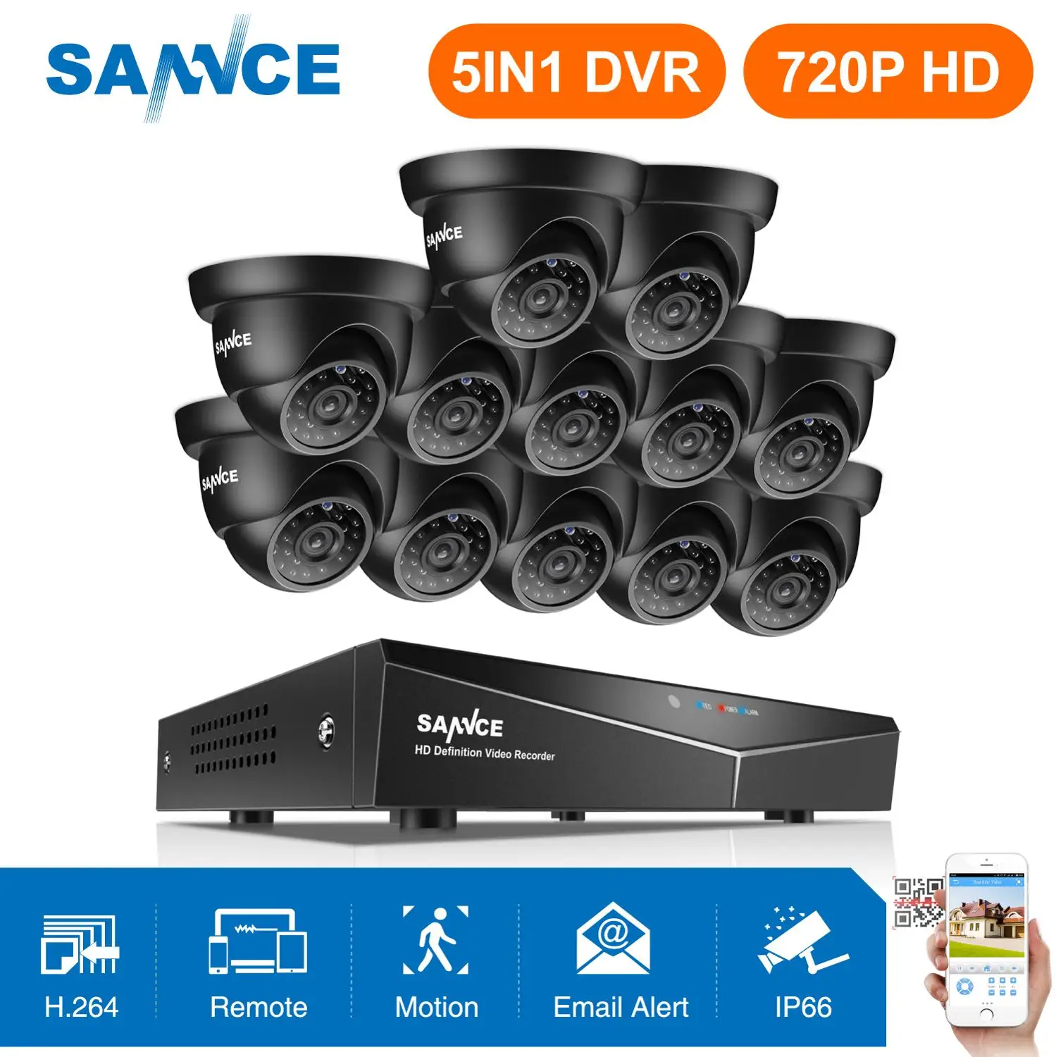 

SANNCE 16CH 1080N Home Video Security System 5IN1 DVR HDMI With 12X 720P Outdoor Weatherproof TVI Smart IR Dome Camera CCTV Kit